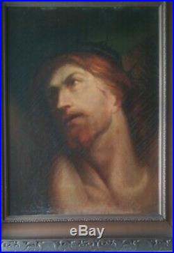 Large Antique Portrait Jesus Christ Crucifixion Religious Art Painting Unsigned