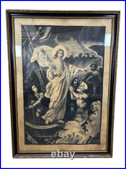 Large Antique Religious Lithograph Print Jesus Calming Storm H Cuwet 58 H