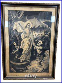 Large Antique Religious Lithograph Print Jesus Calming Storm H Cuwet 58 H