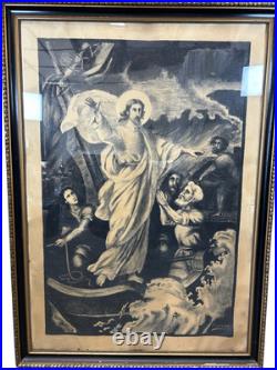 Large Antique Religious Lithograph Print Jesus Calming Storm H Cuwet 58 H