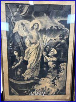 Large Antique Religious Lithograph Print Jesus Calming Storm H Cuwet 58 H Large Antique Religious Lithograph Print Jesus Calming Storm H Cuwet 58 H