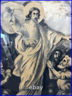 Large Antique Religious Lithograph Print Jesus Calming Storm H Cuwet 58 H