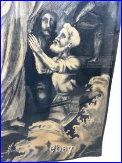 Large Antique Religious Lithograph Print Jesus Calming Storm H Cuwet 58 H