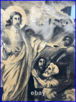 Large Antique Religious Lithograph Print Jesus Calming Storm H Cuwet 58 H