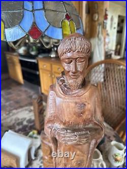 Large Antique Spanish Wood Carved Religious Santos Monk Statue, 24 Tall