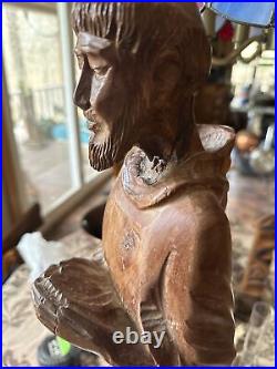 Large Antique Spanish Wood Carved Religious Santos Monk Statue, 24 Tall