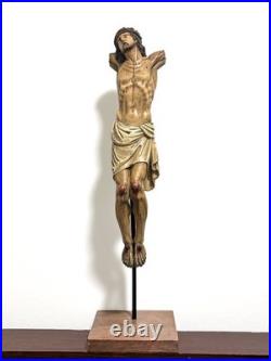 Large Antique religious wood carved polychromie Christ jesus