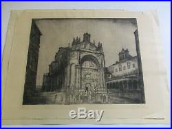 Large Etching Antique Vintage Church Icon Religious Street Scene Mystery Artist