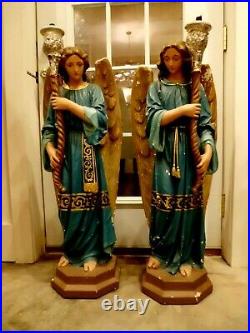 Large Pair Antique Religious Church Statue Adoring Angels 39H Lot A