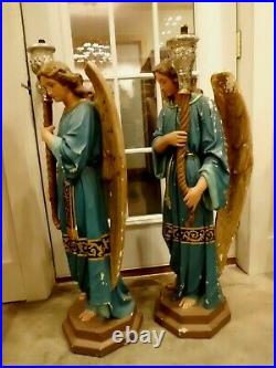 Large Pair Antique Religious Church Statue Adoring Angels 39H Lot A