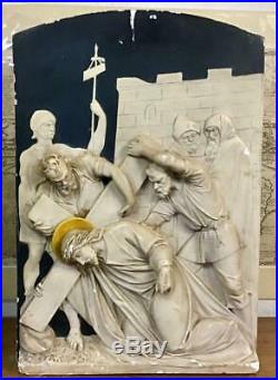 Large RELIGIOUS VICTORIAN PLASTER PANEL Stations Of the Cross CRUCIFIXION