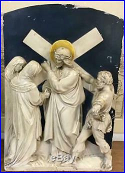 Large RELIGIOUS VICTORIAN PLASTER PLAQUE Stations Of the Cross CRUCIFIXION