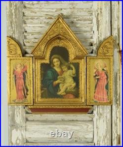 Large Vintage Religious Wood Triptyque, Altar, Icon, Virgin Mary, Jesus, Angels Large Vintage Religious Wood Triptyque, Altar, Icon, Virgin Mary, Jesus, Angels