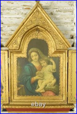Large Vintage Religious Wood Triptyque, Altar, Icon, Virgin Mary, Jesus, Angels Large Vintage Religious Wood Triptyque, Altar, Icon, Virgin Mary, Jesus, Angels