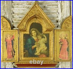 Large Vintage Religious Wood Triptyque, Altar, Icon, Virgin Mary, Jesus, Angels Large Vintage Religious Wood Triptyque, Altar, Icon, Virgin Mary, Jesus, Angels