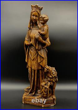 Large antique Chalkware Religious Madonna statue figurine Flanders lion symbol