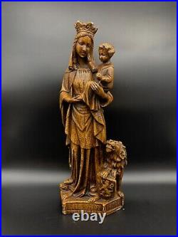 Large antique Chalkware Religious Madonna statue figurine Flanders lion symbol