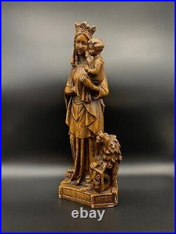 Large antique Chalkware Religious Madonna statue figurine Flanders lion symbol