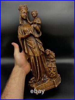 Large antique Chalkware Religious Madonna statue figurine Flanders lion symbol