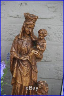 Large antique Chalkware Religious Madonna statue figurine flanders lion symbol