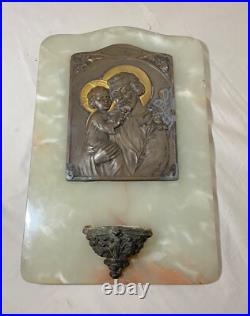 Large antique Tschudin religious Catholic onyx stone bronze wall font plaque Large antique Tschudin religious Catholic onyx stone bronze wall font plaque