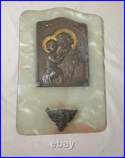Large antique Tschudin religious Catholic onyx stone bronze wall font plaque Large antique Tschudin religious Catholic onyx stone bronze wall font plaque