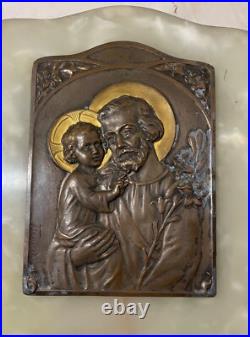 Large antique Tschudin religious Catholic onyx stone bronze wall font plaque Large antique Tschudin religious Catholic onyx stone bronze wall font plaque