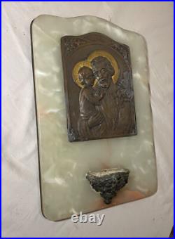 Large antique Tschudin religious Catholic onyx stone bronze wall font plaque Large antique Tschudin religious Catholic onyx stone bronze wall font plaque
