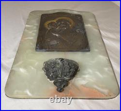Large antique Tschudin religious Catholic onyx stone bronze wall font plaque Large antique Tschudin religious Catholic onyx stone bronze wall font plaque
