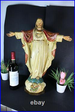 Large antique french chalkware sacred heart christ statue religious