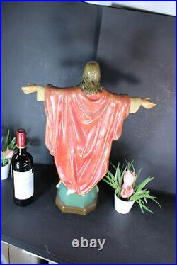 Large antique french chalkware sacred heart christ statue religious