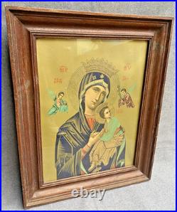 Large antique italian lighting religious icon early 1900's wood frame