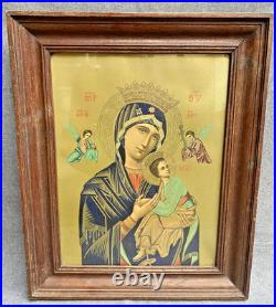Large antique italian lighting religious icon early 1900's wood frame