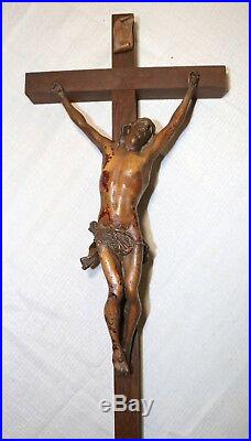 Large antique wood religious Catholic crucifix polychromed Jesus crucified cross