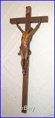 Large antique wood religious Catholic crucifix polychromed Jesus crucified cross