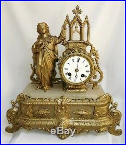 Large french ormolu mantel clock chruch religious gold metal and stone
