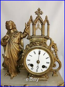 Large french ormolu mantel clock chruch religious gold metal and stone