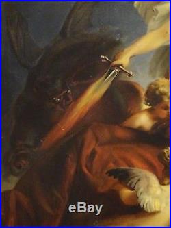 Large19th Century Classical St Micheal Defeating Satan Devil Antique Painting