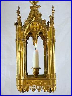 Late 19th Antique Gilded Brass French Chandelier Lantern Pendant Religious