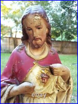 Lg Antique 19th Century Chalkware Religious Statue Sacred Heart Jesus Catholic