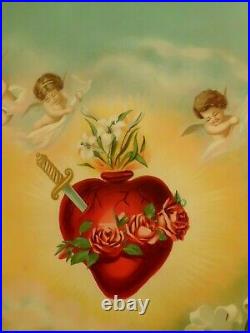 Lg Antique Jesus Christ Virgin Mary Sacred Heart Lithograph Religious Picture