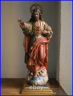 Lively Sacred Heart of Jesus Christ Statue 27.1 Religious Art Antique Spain
