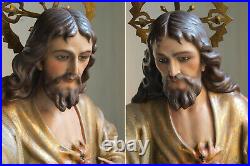 Lively Sacred Heart of Jesus Christ Statue 27.1 Religious Art Antique Spain