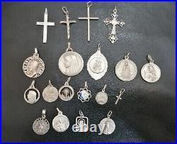 Lot of 19 Silver Rare Vintage or Antique Religious Cross & Charm & Pendant