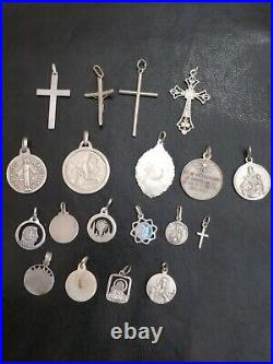 Lot of 19 Silver Rare Vintage or Antique Religious Cross & Charm & Pendant