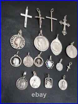 Lot of 19 Silver Rare Vintage or Antique Religious Cross & Charm & Pendant