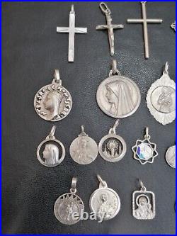 Lot of 19 Silver Rare Vintage or Antique Religious Cross & Charm & Pendant