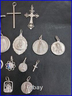 Lot of 19 Silver Rare Vintage or Antique Religious Cross & Charm & Pendant