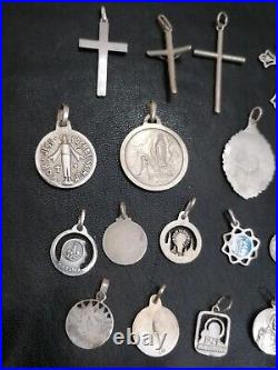 Lot of 19 Silver Rare Vintage or Antique Religious Cross & Charm & Pendant