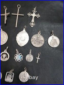 Lot of 19 Silver Rare Vintage or Antique Religious Cross & Charm & Pendant